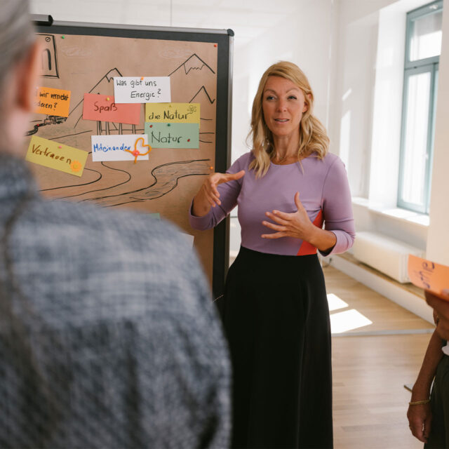 Steffi präsentiert transformative Führungskonzepte mit Flipchart zu Energie, Spaß, Natur und Vertrauen.