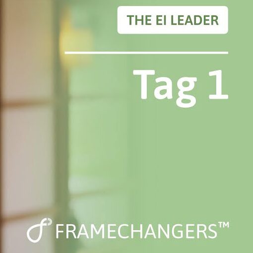"The EI Leader Tag 1" auf grünem Hintergrund, Framewalkers-Logo unten links. Tag 1: Selbstwahrnehmung und Achtsamkeit.