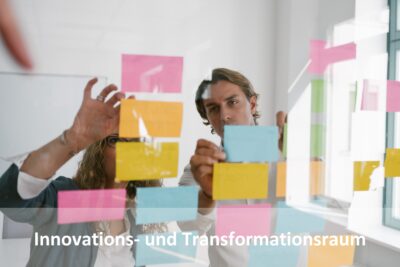 Zwei Personen, die Haftnotizen an eine Glaswand kleben, mit dem Text "Innovations- und Transformationsraum".