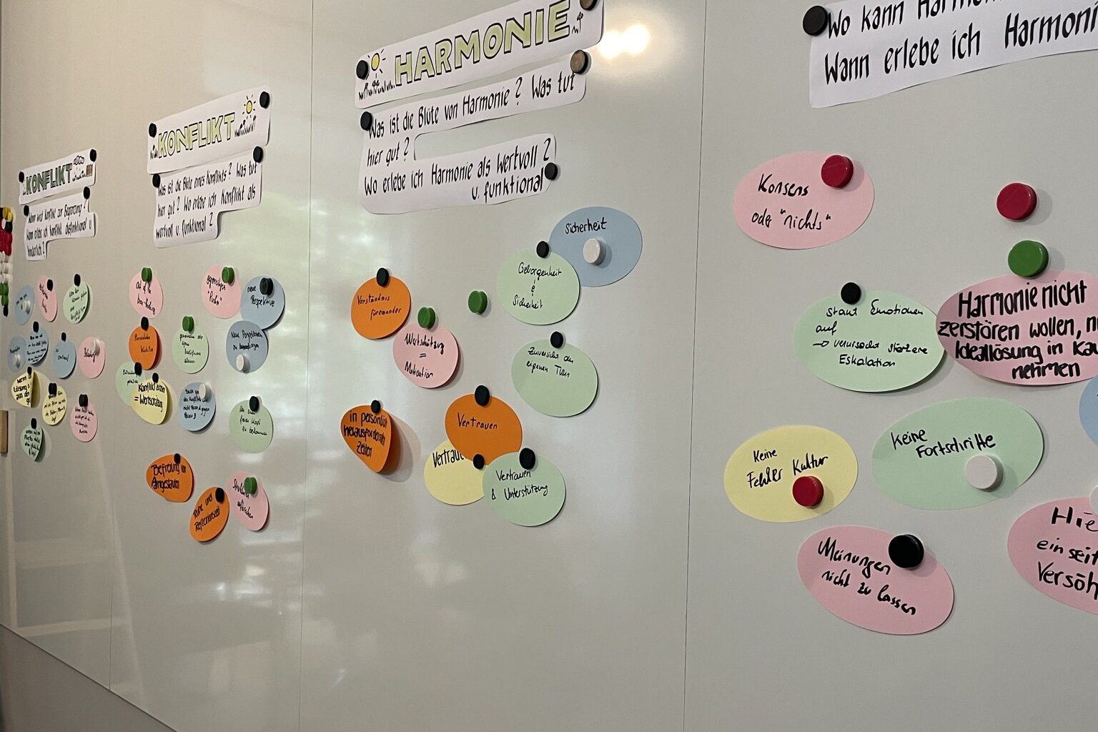 Whiteboard mit Notizen zu Konflikten und Harmonie, befestigt mit Magneten.