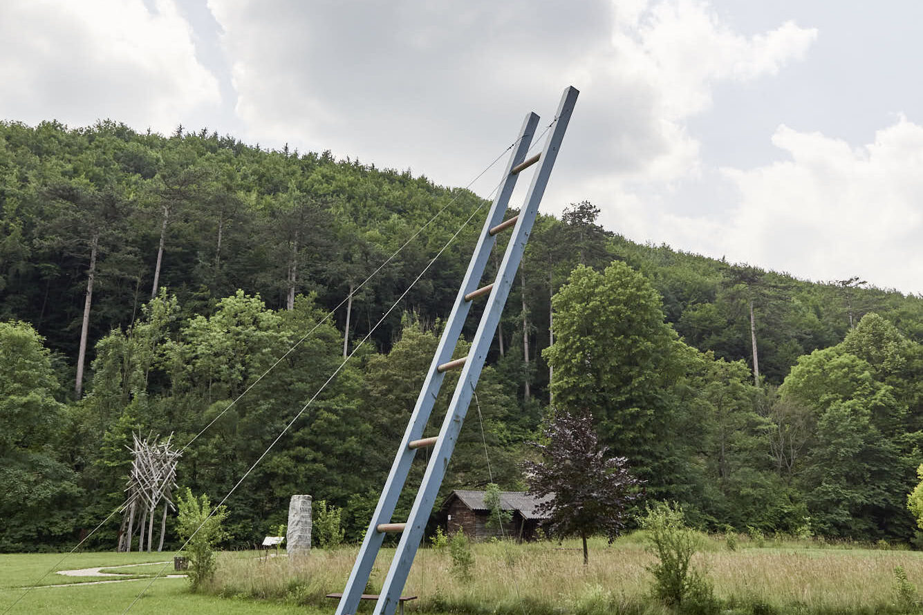 Blaue Leiterinstallation vor bewaldetem Hügel im Jahresprogramm Selbst-Verständlich Führen.