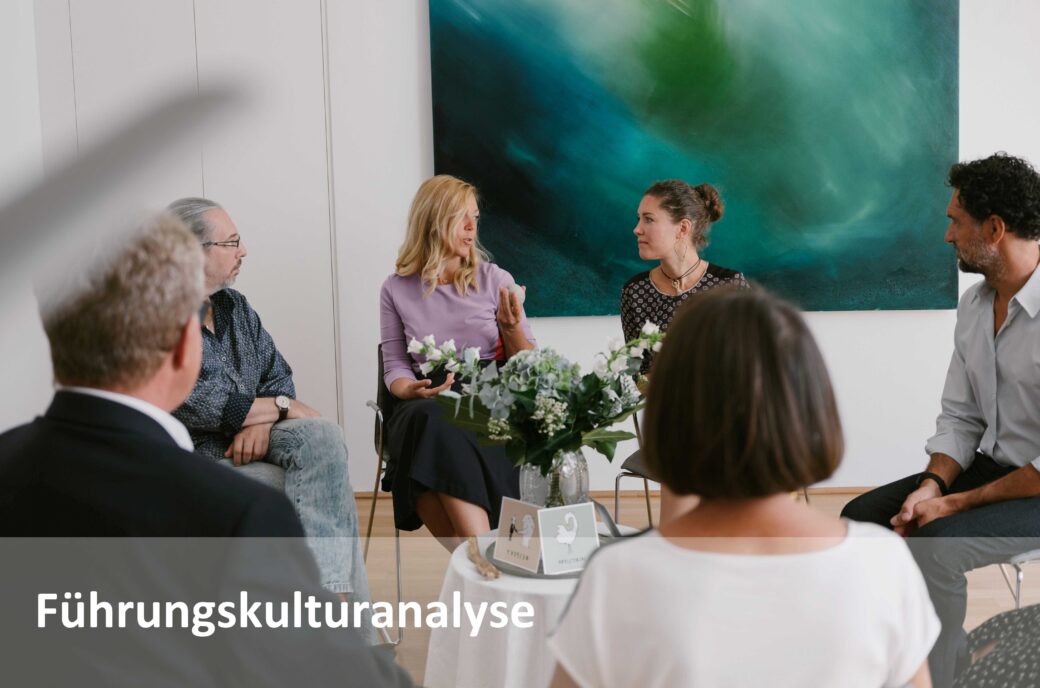 Eine Gruppe von Personen sitzt im Kreis und unterhält sich; Text "Führungskulturanalyse"